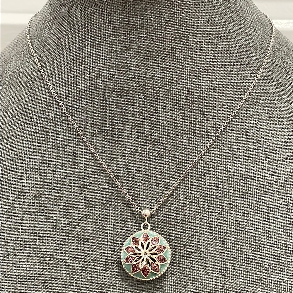 Blue and Purple Enamel Flower Puff Pendant Necklace - Picture 1 of 10